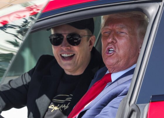 O presidente dos EUA, Donald Trump, e o CEO da Tesla, Elon Musk, sentam-se em um carro Tesla modelo S, em frente à Casa Branca em Washington, DC, EUA, em 11 de março de 2025